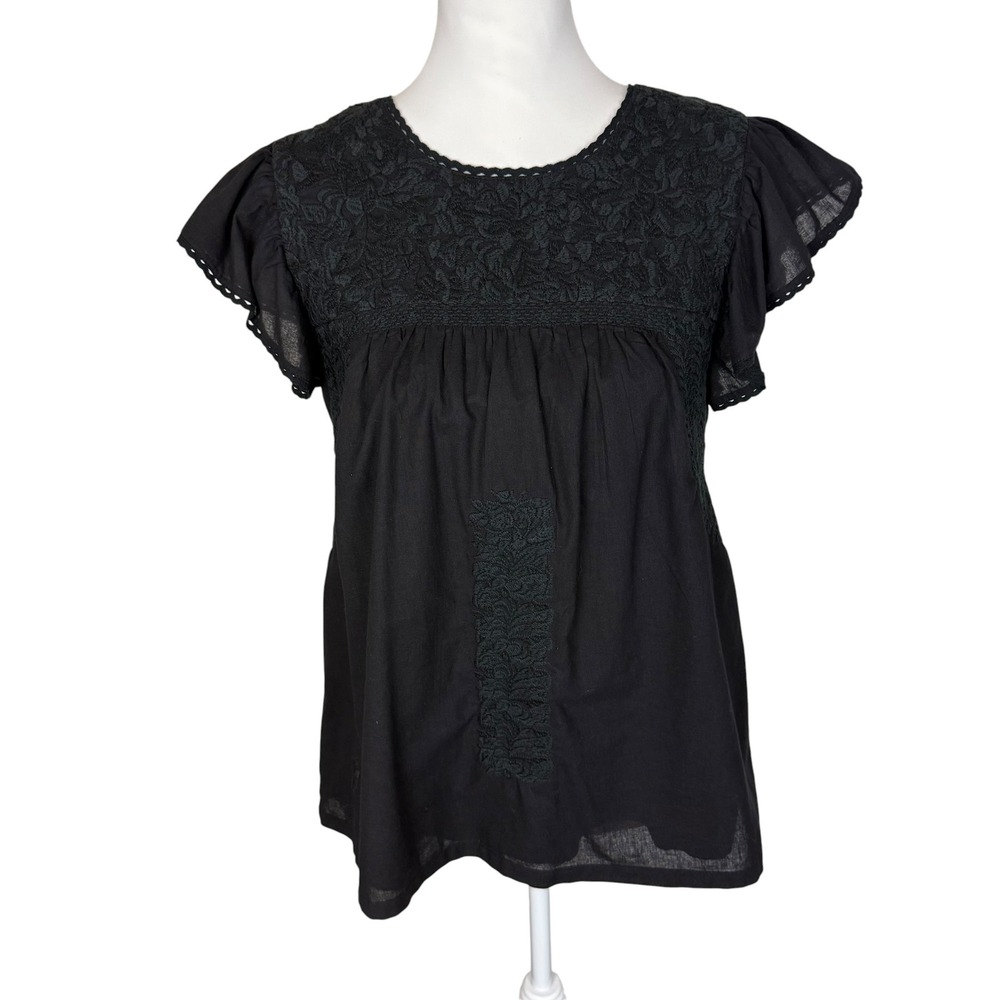 J. Marie Black Embroidered Flutter Sleeve Boho Blouse Top Small